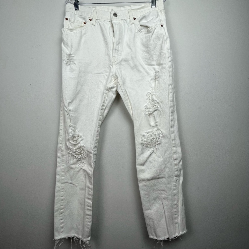 Levi's 501 White Jeans Straight Leg Distressed Button Fly Size W 31‎ L30 EUC